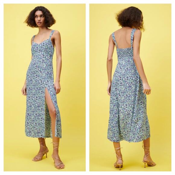 Zara Blue Slip Midi Dress Medium Micro Floral Slit Sleeveless Milkmaid Summer - Picture 1 of 16